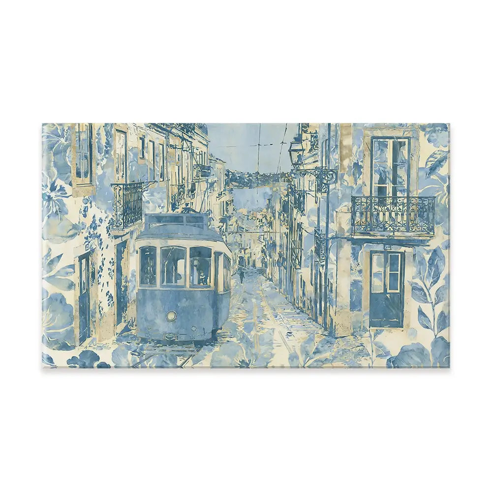 Vintage Tram Mediterranean Street Canvas Print Vintage Tram Mediterranean Street Canvas Print wall art product Chromatic Storm Studio