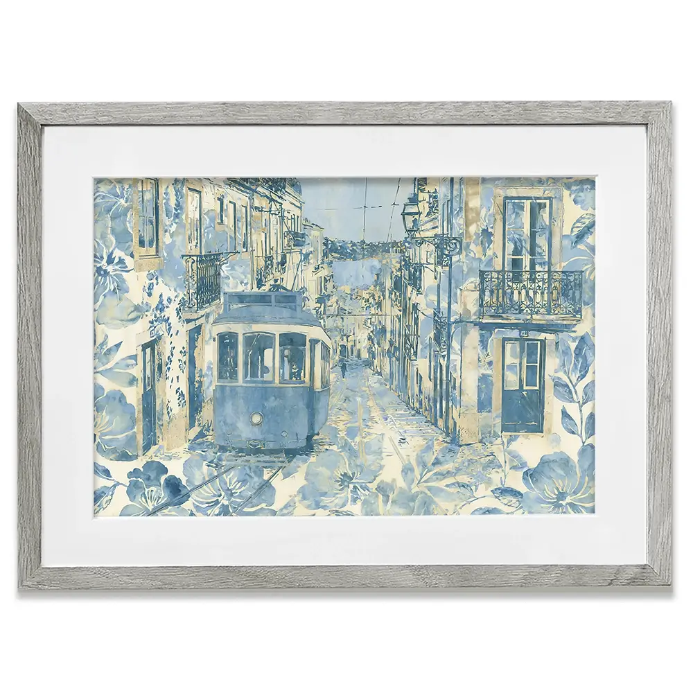 Vintage Tram Mediterranean Street Framed Art Print Vintage Tram Mediterranean Street Framed Art Print wall art product Chromatic Storm Studio