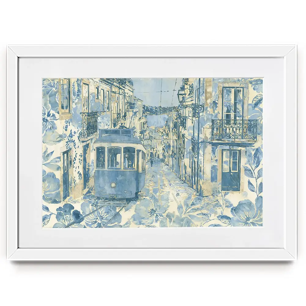 Vintage Tram Mediterranean Street Framed Art Print Vintage Tram Mediterranean Street Framed Art Print wall art product Chromatic Storm Studio