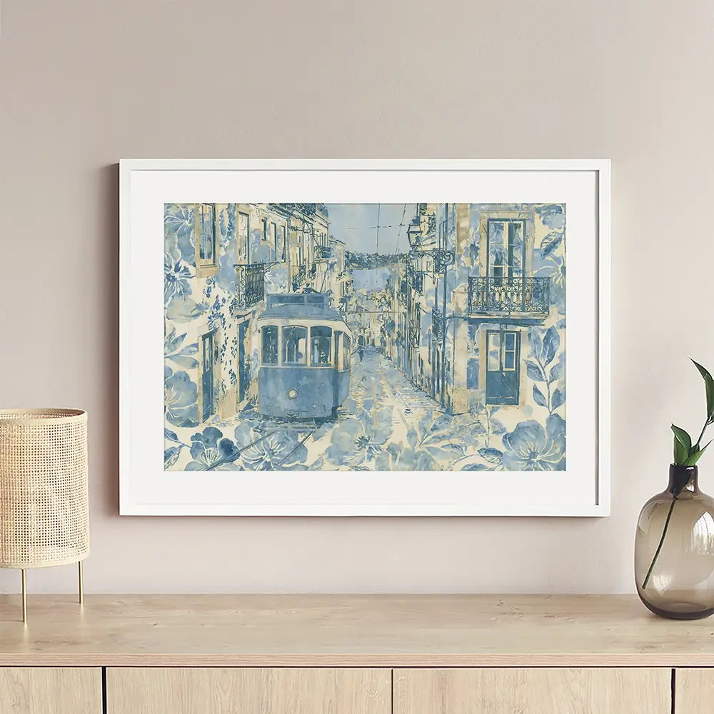 Vintage Tram Mediterranean Street Framed Art Print Vintage Tram Mediterranean Street Framed Art Print wall art product Chromatic Storm Studio