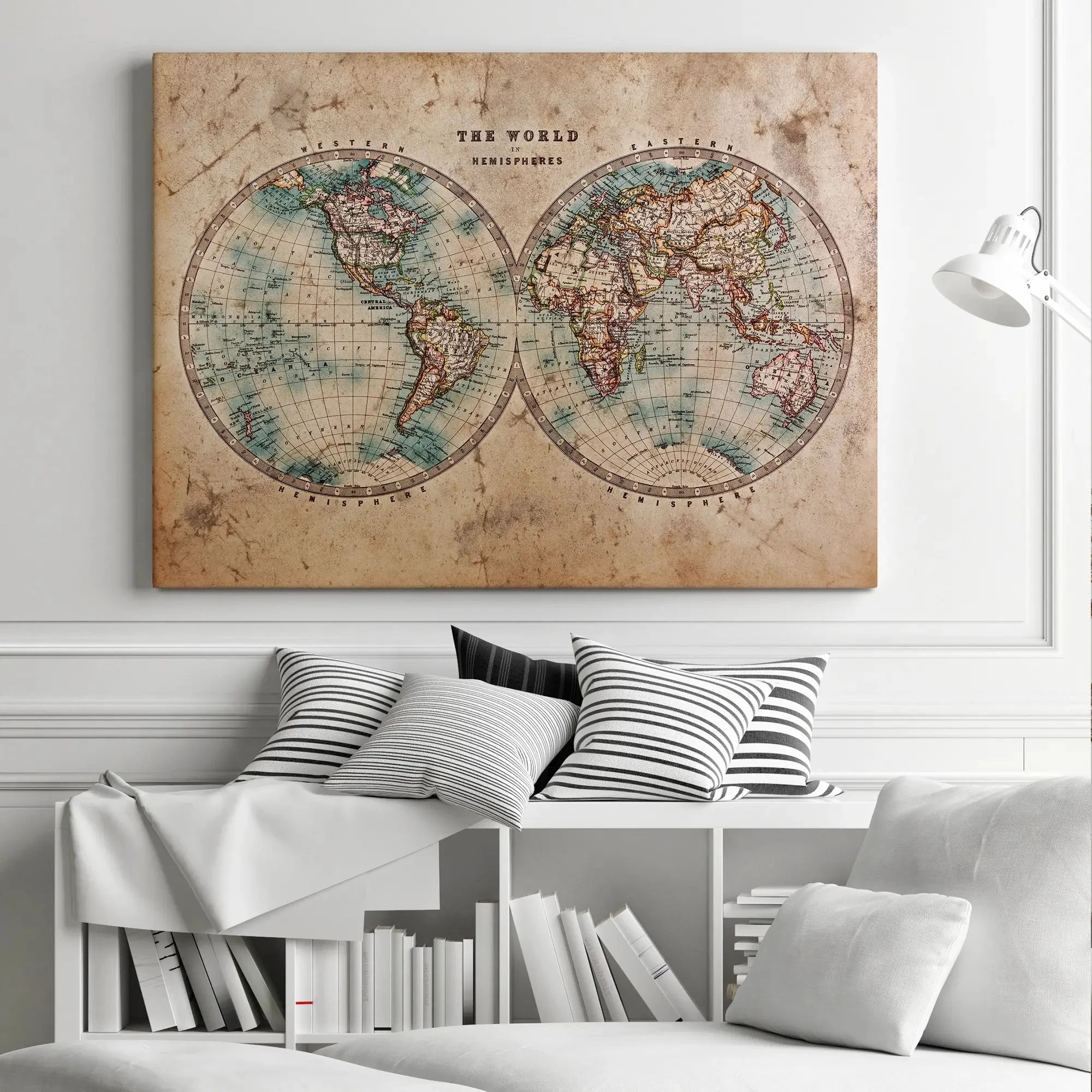 Vintage World Hemisphere Map In Colour Canvas Print Vintage World Hemisphere Map In Colour Canvas Print wall art product RTimages / Shutterstock