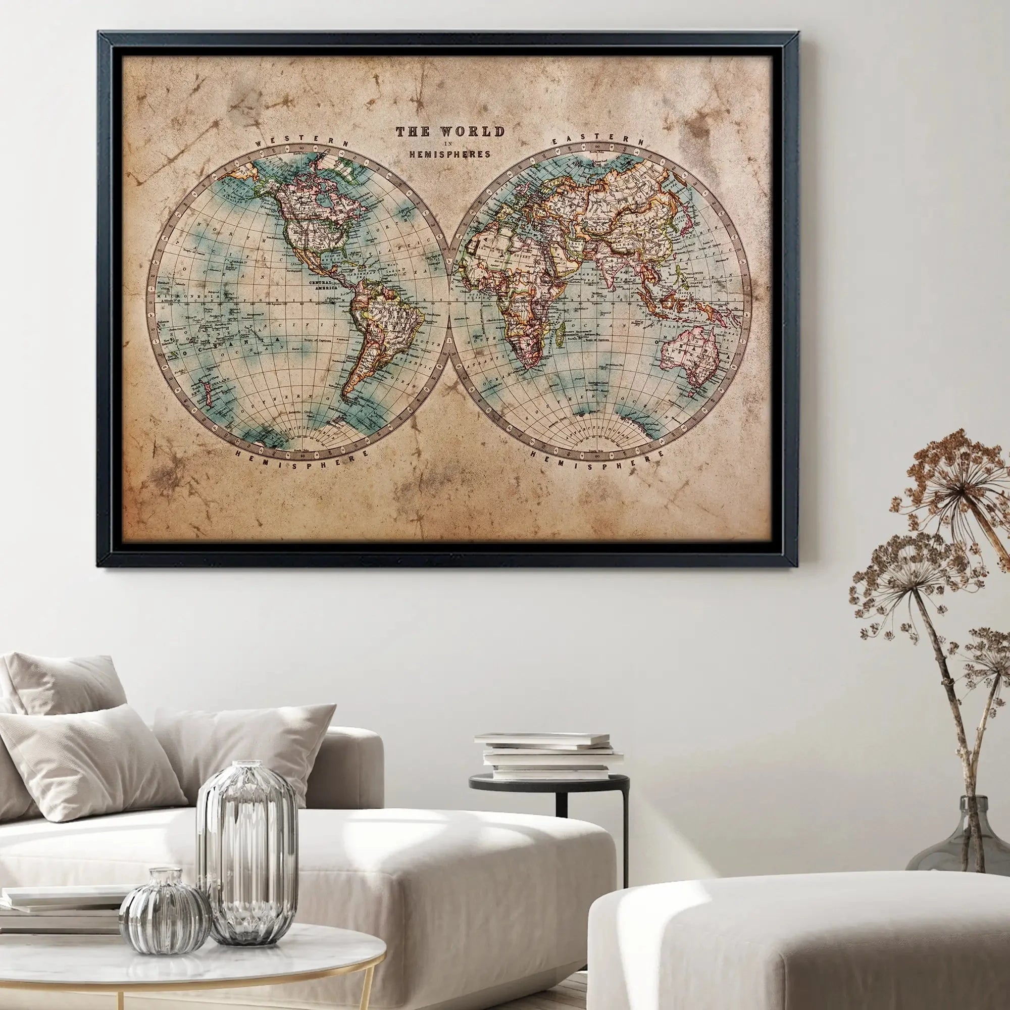 Vintage World Hemisphere Map In Colour Canvas Print Vintage World Hemisphere Map In Colour Canvas Print wall art product RTimages / Shutterstock