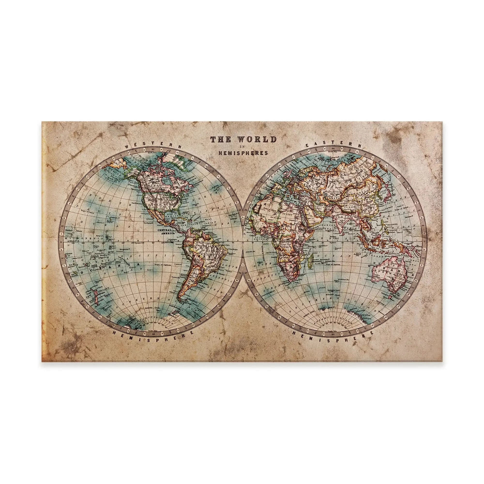 Vintage World Hemisphere Map In Colour Canvas Print Vintage World Hemisphere Map In Colour Canvas Print wall art product RTimages / Shutterstock
