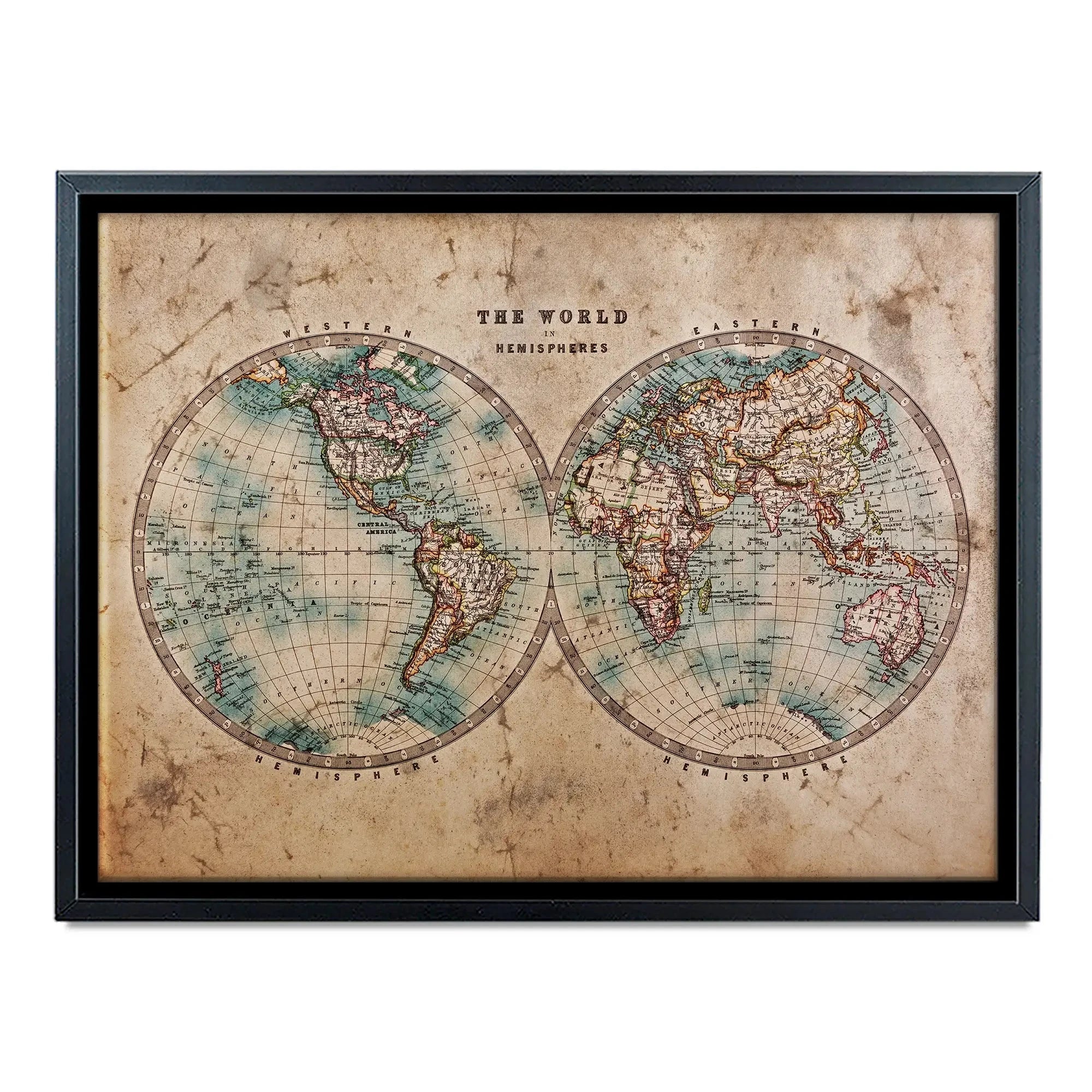 Vintage World Hemisphere Map In Colour Canvas Print Vintage World Hemisphere Map In Colour Canvas Print wall art product RTimages / Shutterstock