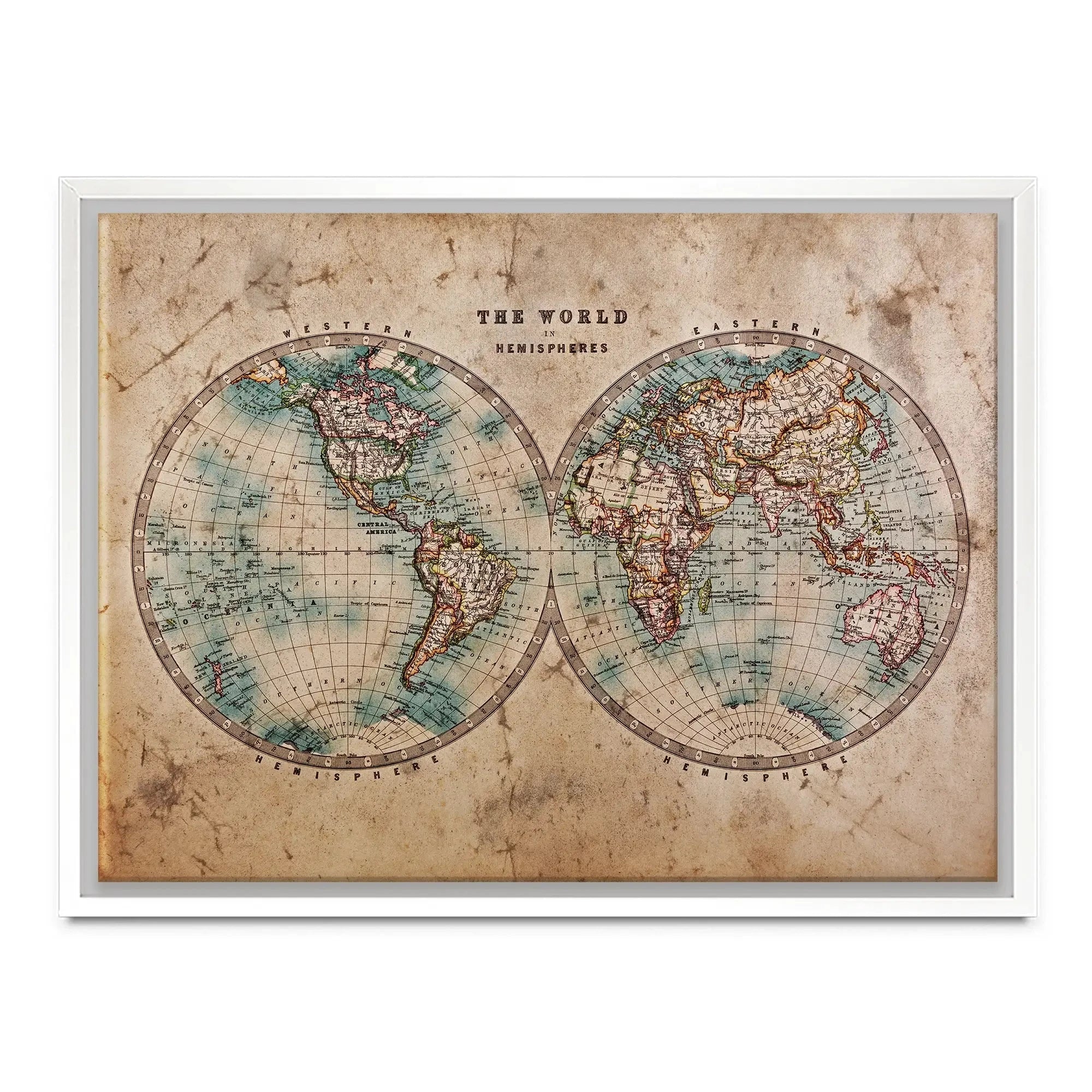 Vintage World Hemisphere Map In Colour Canvas Print Vintage World Hemisphere Map In Colour Canvas Print wall art product RTimages / Shutterstock