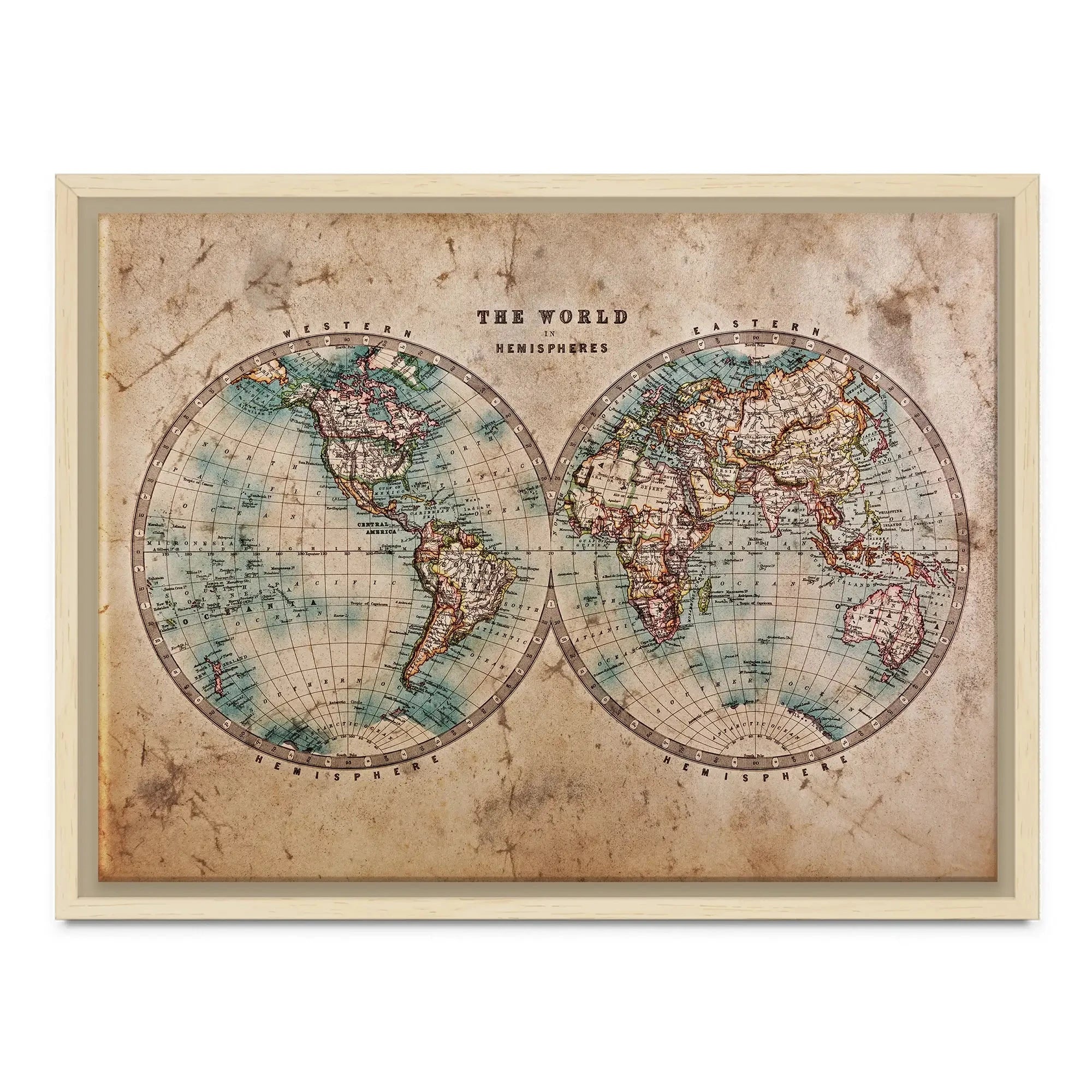 Vintage World Hemisphere Map In Colour Canvas Print Vintage World Hemisphere Map In Colour Canvas Print wall art product RTimages / Shutterstock