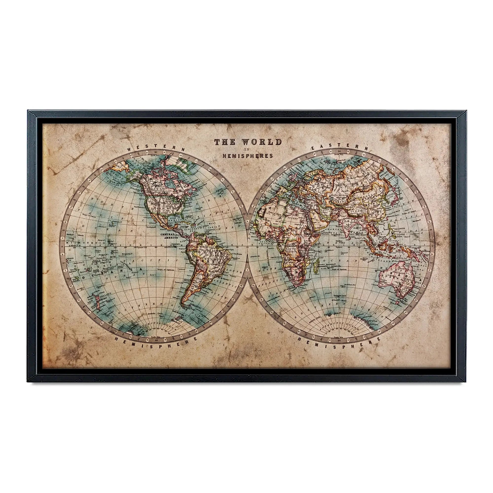 Vintage World Hemisphere Map In Colour Canvas Print Vintage World Hemisphere Map In Colour Canvas Print wall art product RTimages / Shutterstock