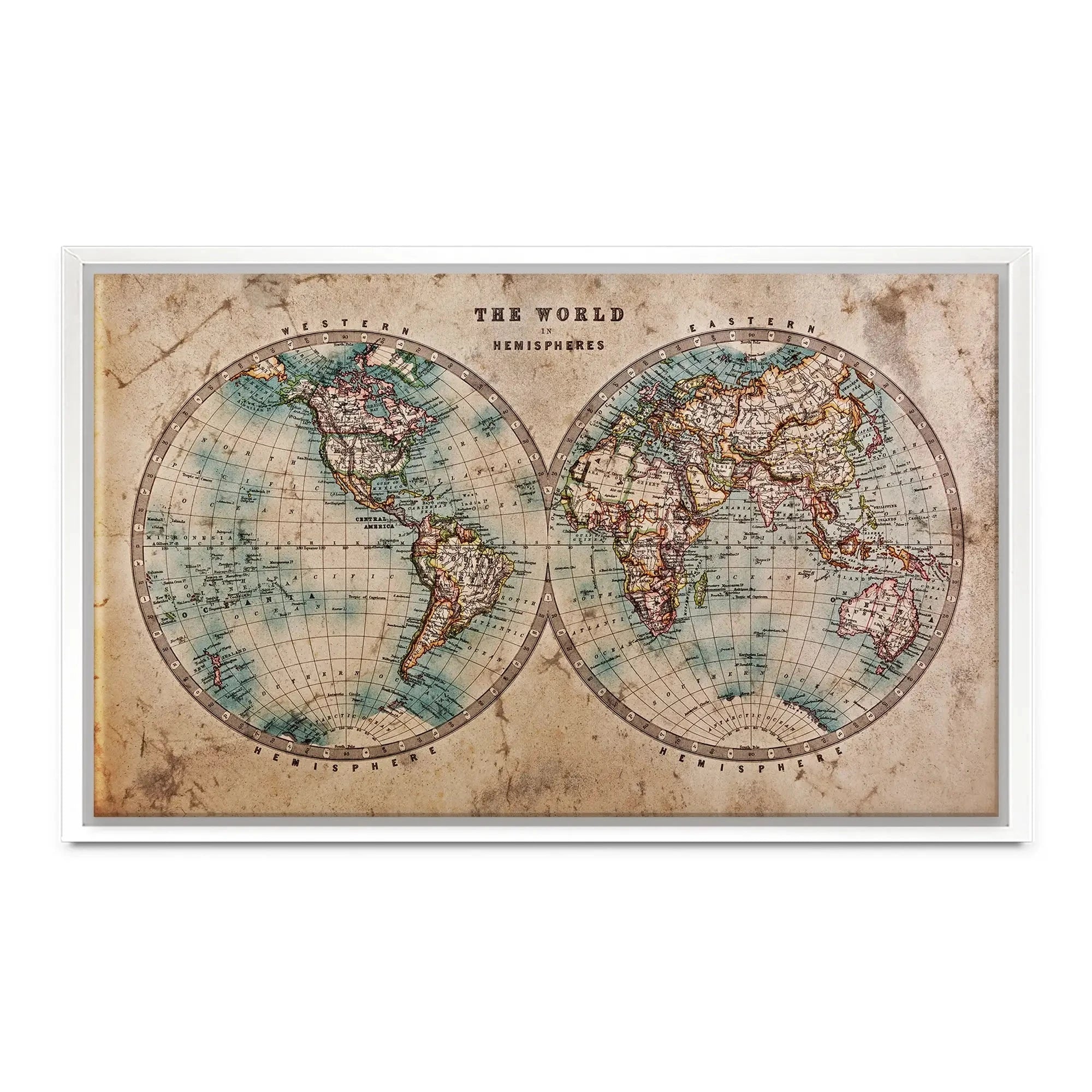 Vintage World Hemisphere Map In Colour Canvas Print Vintage World Hemisphere Map In Colour Canvas Print wall art product RTimages / Shutterstock