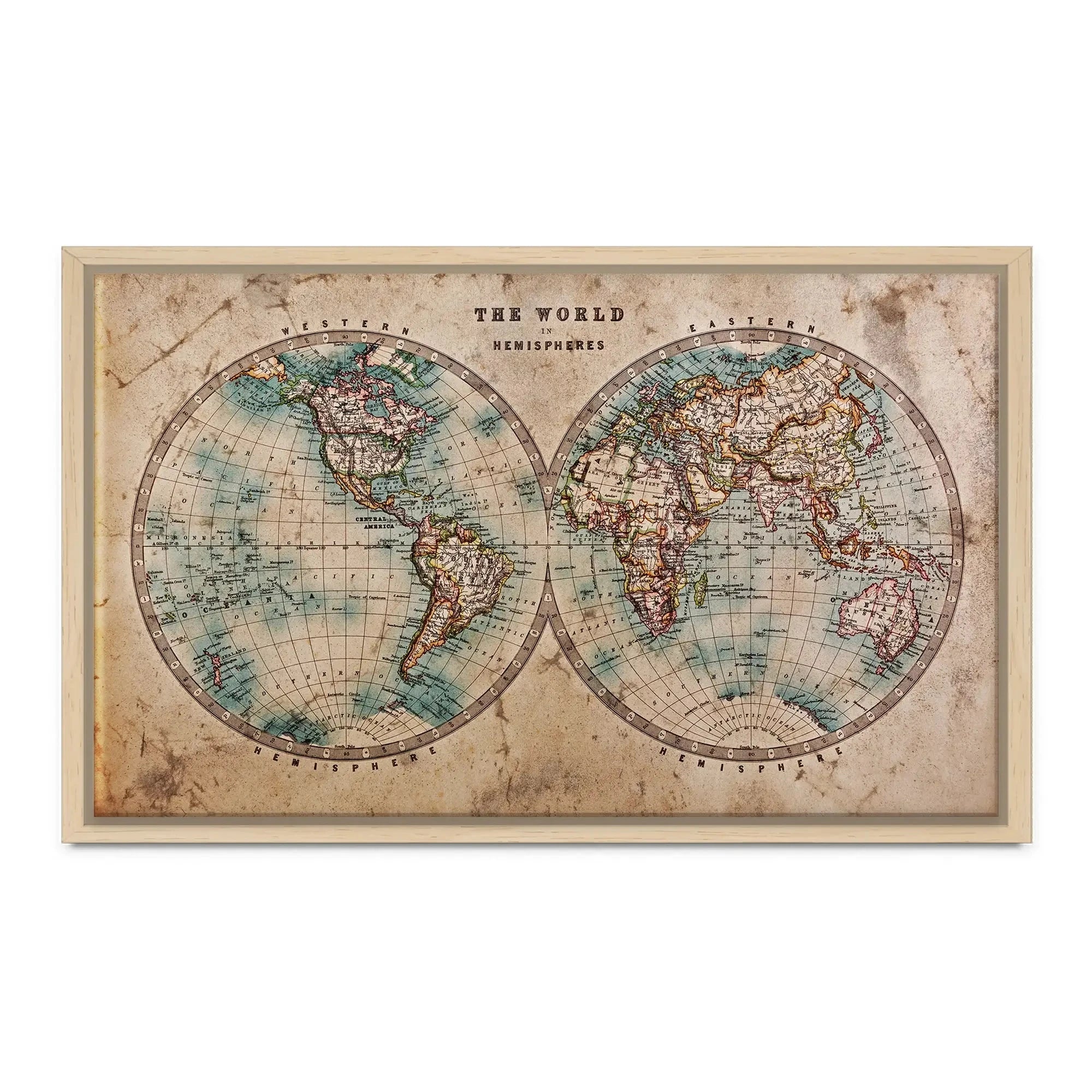 Vintage World Hemisphere Map In Colour Canvas Print Vintage World Hemisphere Map In Colour Canvas Print wall art product RTimages / Shutterstock