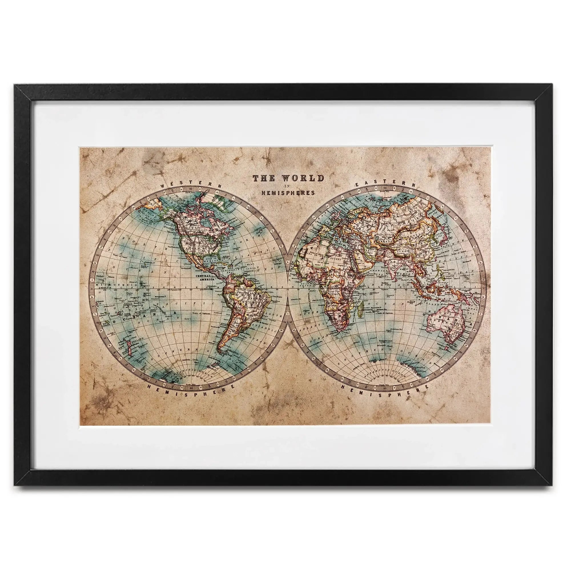 Vintage World Hemisphere Map In Colour Framed Art Print Vintage World Hemisphere Map In Colour Framed Art Print wall art product RTimages / Shutterstock