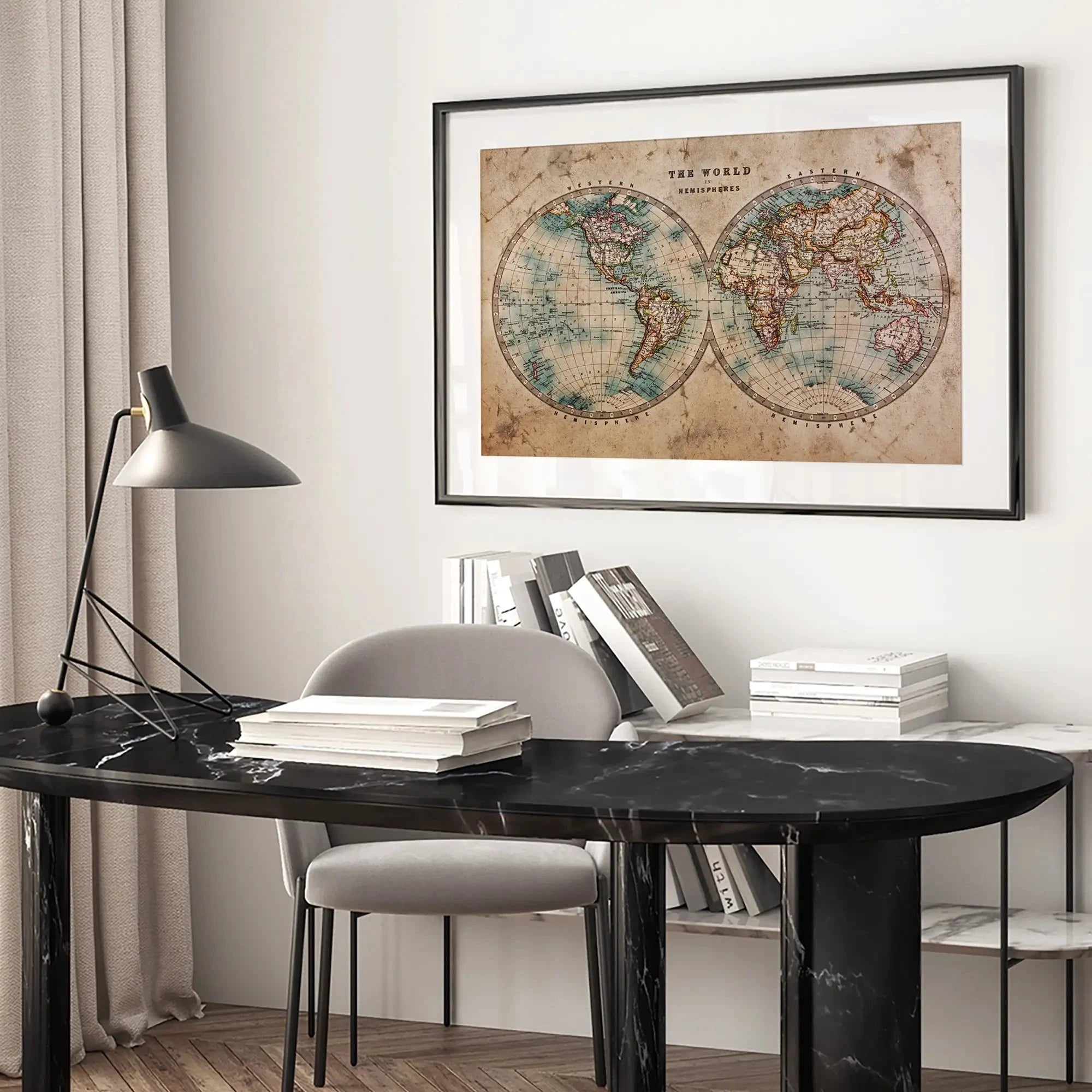 Vintage World Hemisphere Map In Colour Framed Art Print Vintage World Hemisphere Map In Colour Framed Art Print wall art product RTimages / Shutterstock
