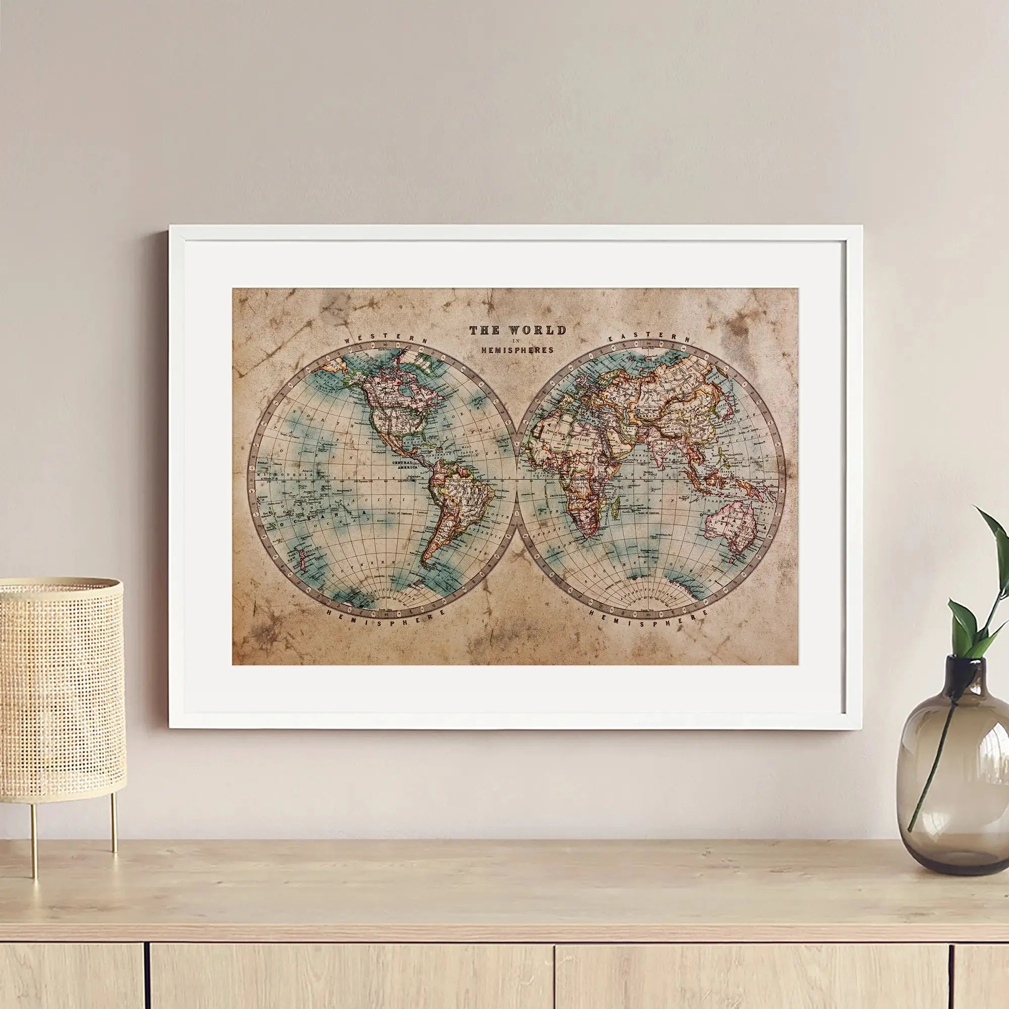 Vintage World Hemisphere Map In Colour Framed Art Print Vintage World Hemisphere Map In Colour Framed Art Print wall art product RTimages / Shutterstock