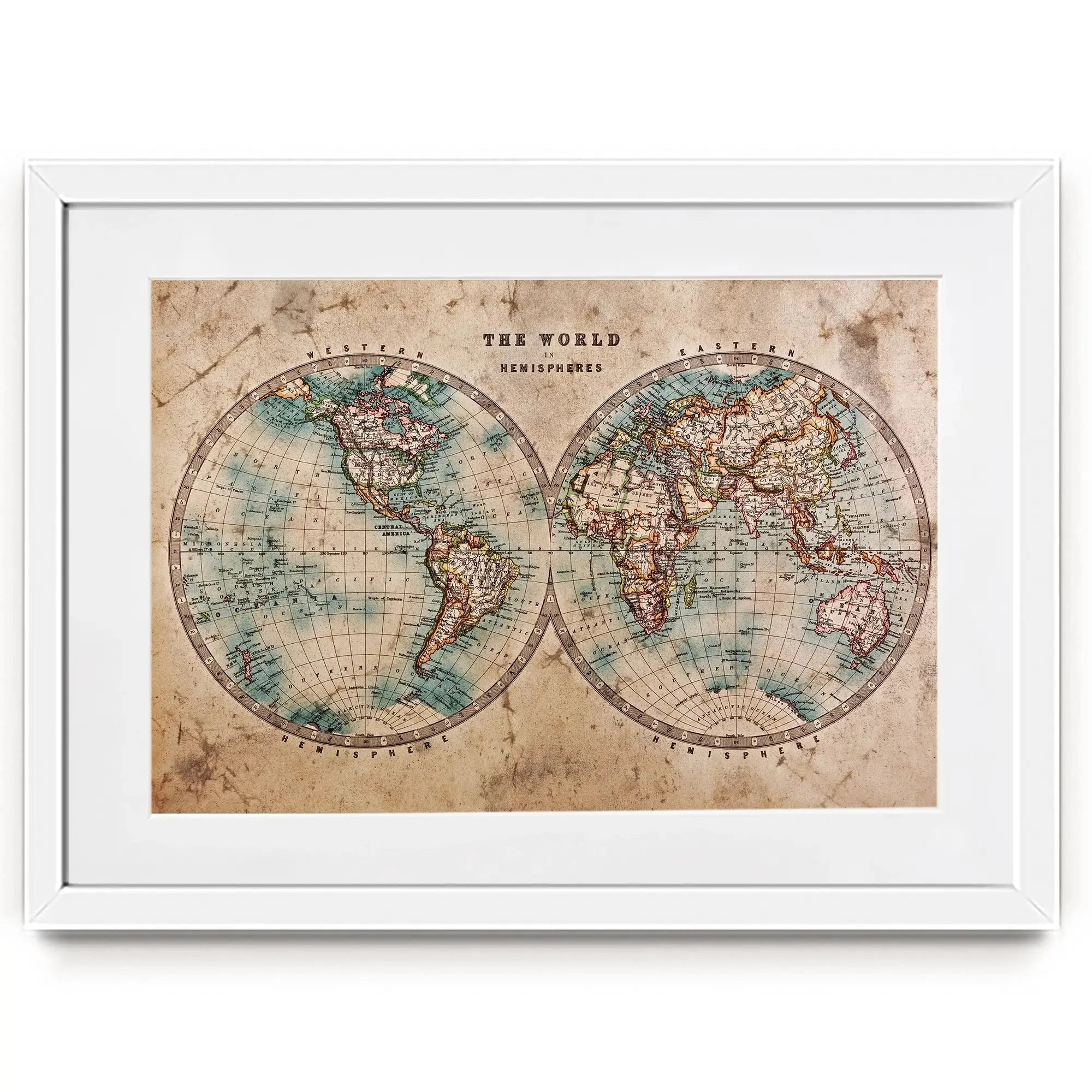 Vintage World Hemisphere Map In Colour Framed Art Print Vintage World Hemisphere Map In Colour Framed Art Print wall art product RTimages / Shutterstock