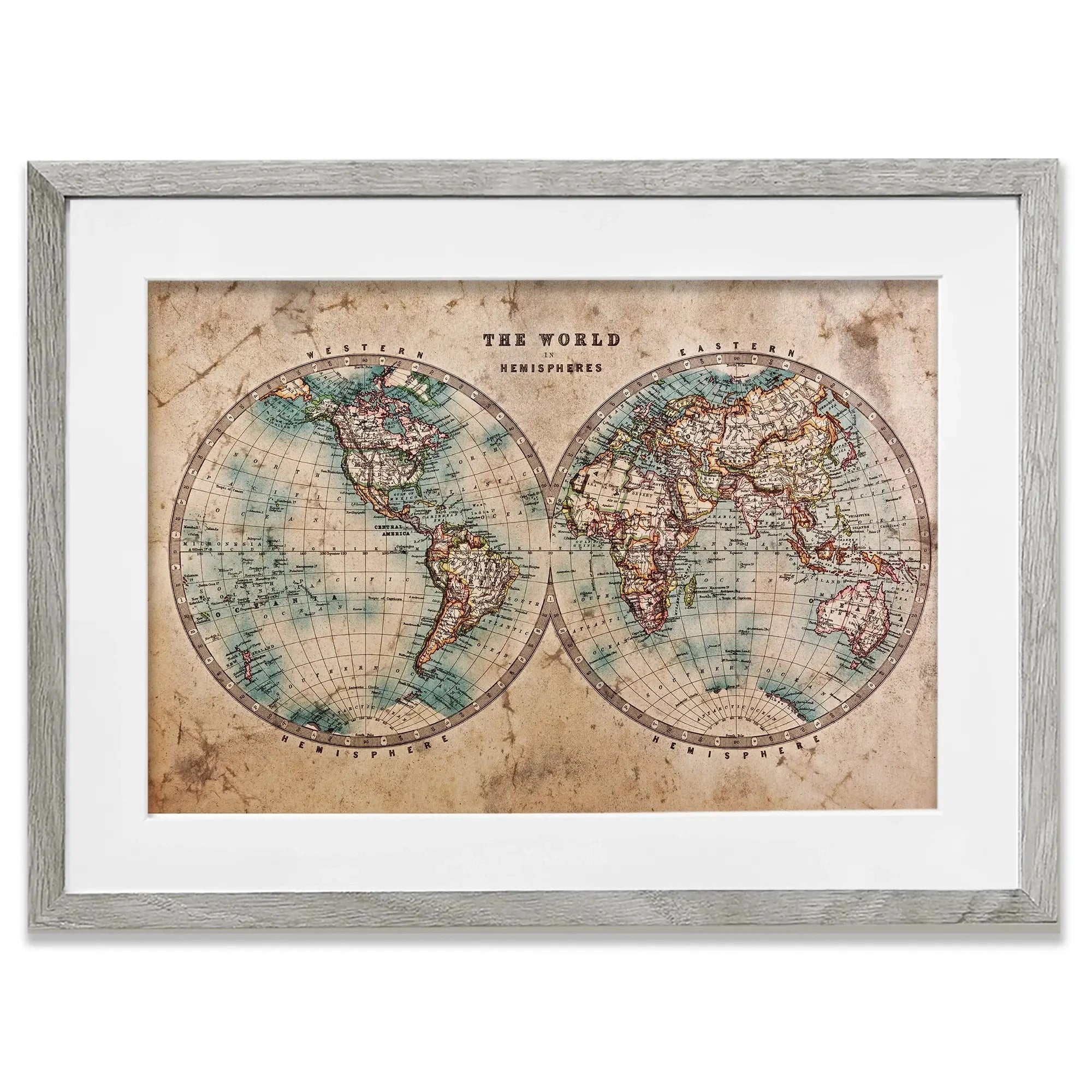 Vintage World Hemisphere Map In Colour Framed Art Print Vintage World Hemisphere Map In Colour Framed Art Print wall art product RTimages / Shutterstock