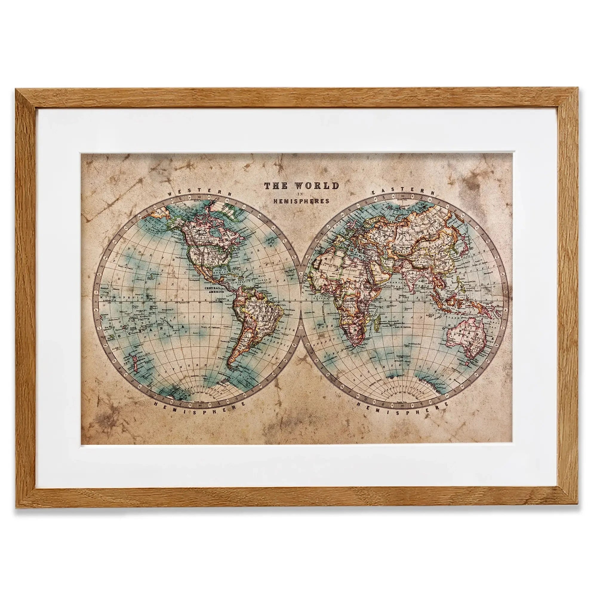 Vintage World Hemisphere Map In Colour Framed Art Print Vintage World Hemisphere Map In Colour Framed Art Print wall art product RTimages / Shutterstock