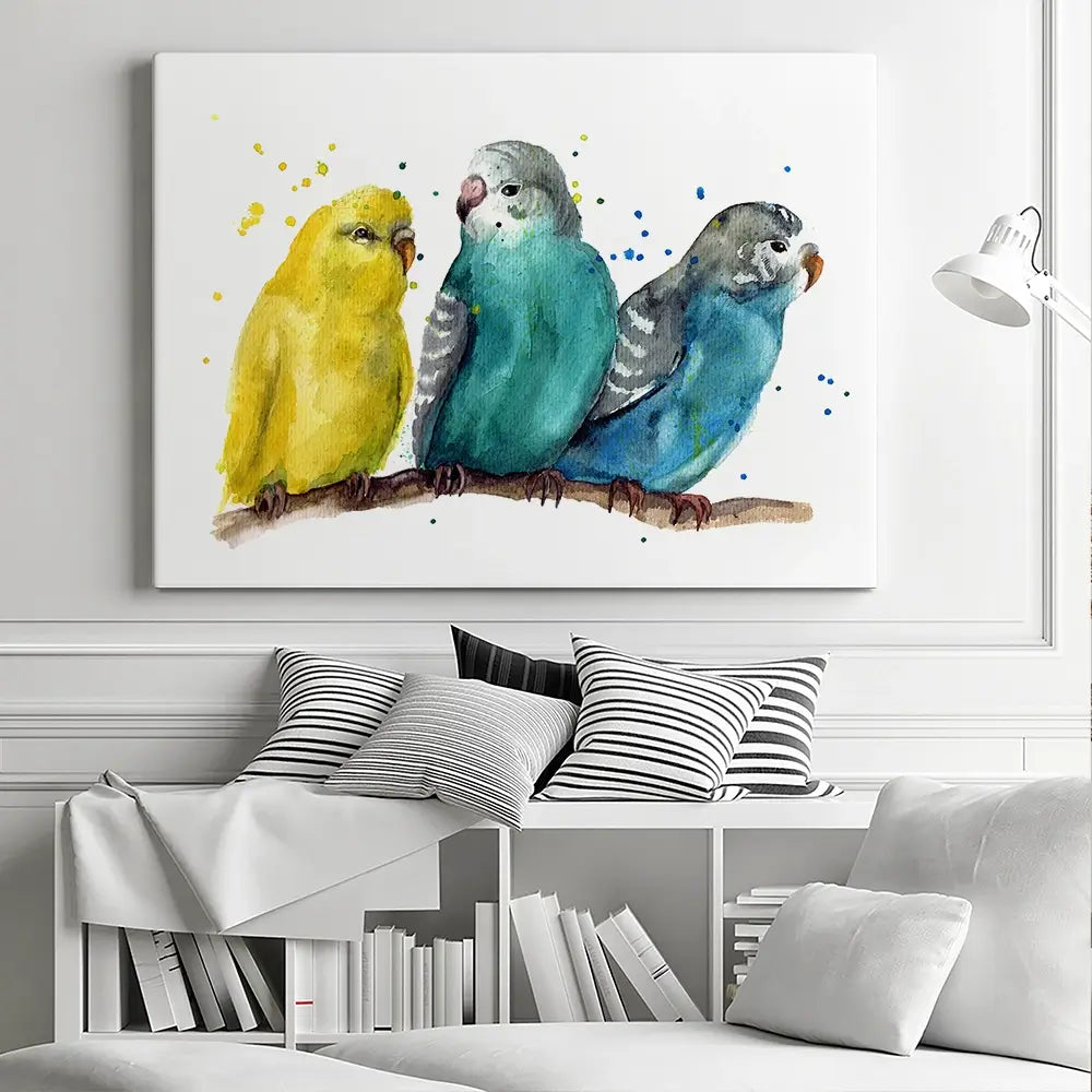 Watercolour Budgies Canvas Print Watercolour Budgies Canvas Print wall art product Tatyana Komtsyan / Shutterstock