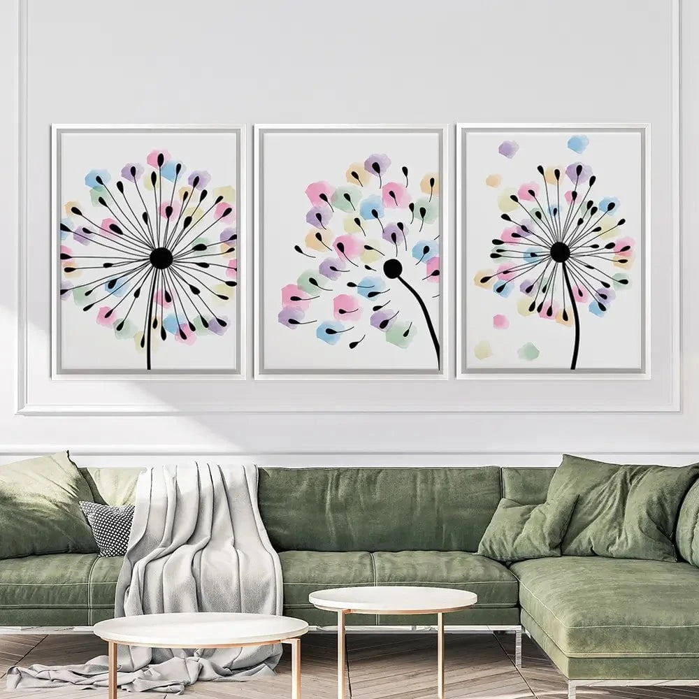 Watercolour Dandelion Seeds Trio Canvas Print Watercolour Dandelion Seeds Trio Canvas Print wall art product TWINS DESIGN STUDIO / Shutterstock