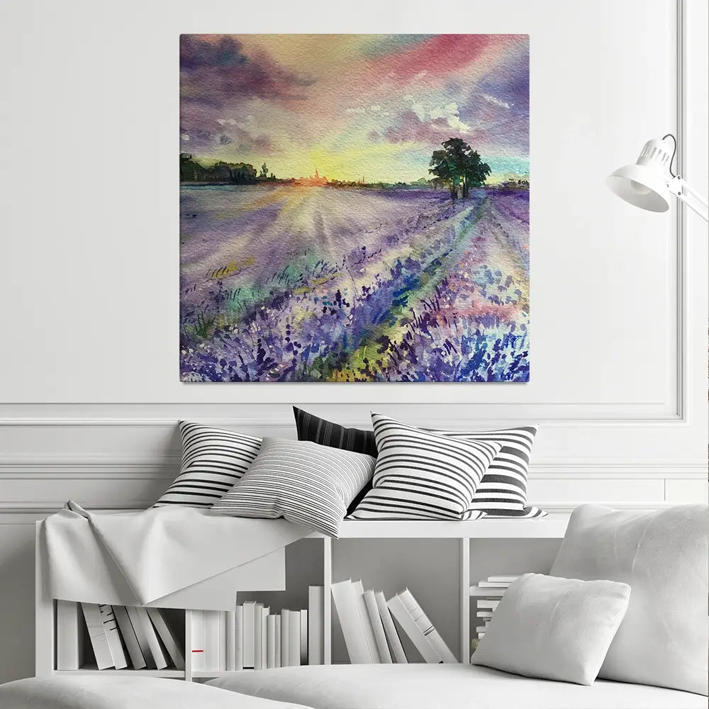 Watercolour Lavender Field Square Canvas Print Watercolour Lavender Field Square Canvas Print wall art product EL_Art / Shutterstock