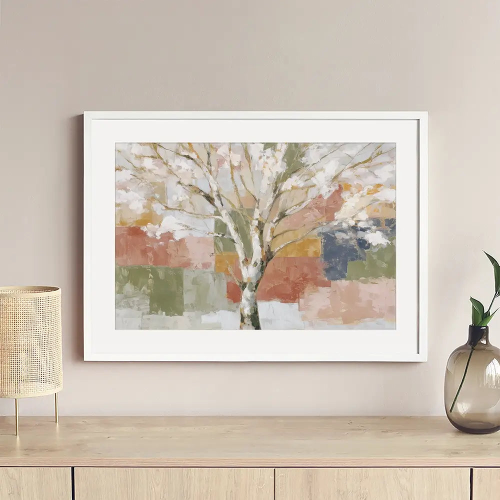 White Birch In Abstract Landscape Framed Art Print White Birch In Abstract Landscape Framed Art Print wall art product Chromatic Storm Studio