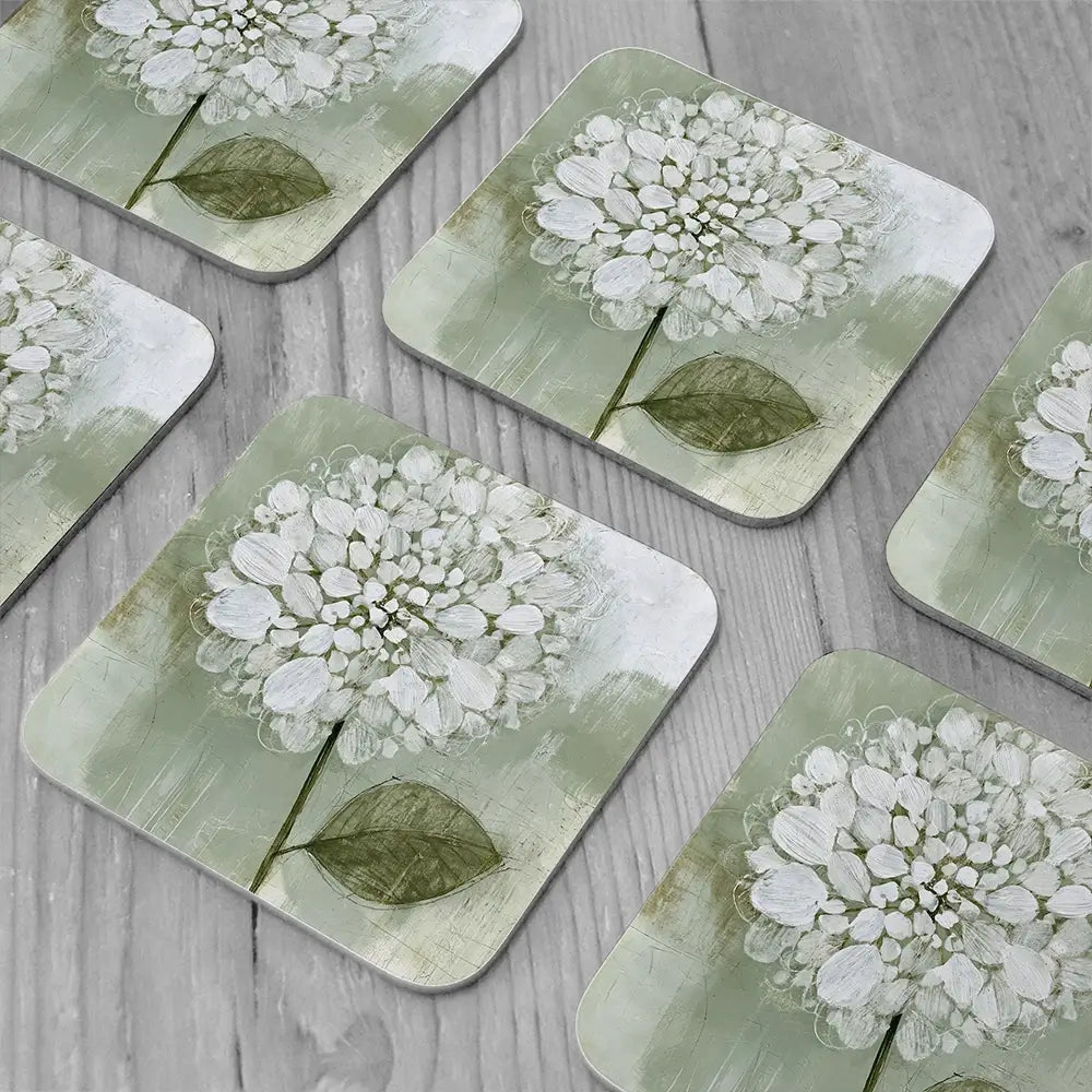 White Dahlia On Sage Coaster Set White Dahlia On Sage Coaster Set wall art product Chromatic Storm Studio