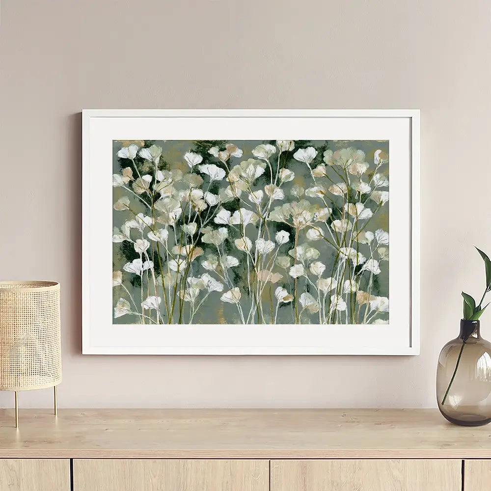 White Field Flowers On Sage Framed Art Print White Field Flowers On Sage Framed Art Print wall art product Chromatic Storm Studio
