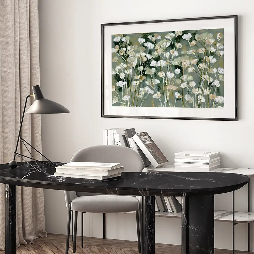 White Field Flowers On Sage Framed Art Print White Field Flowers On Sage Framed Art Print wall art product Chromatic Storm Studio