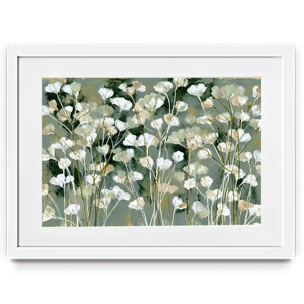 White Field Flowers On Sage Framed Art Print White Field Flowers On Sage Framed Art Print wall art product Chromatic Storm Studio