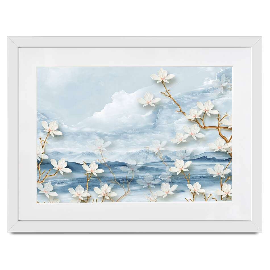 White Flowers Soft Blue Framed Art Print White Flowers Soft Blue Framed Art Print wall art product Tim Kats / Shutterstock