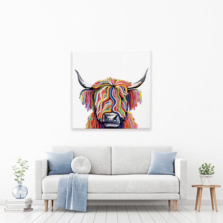 White Highland Cow Square Canvas Print wall art product Independent