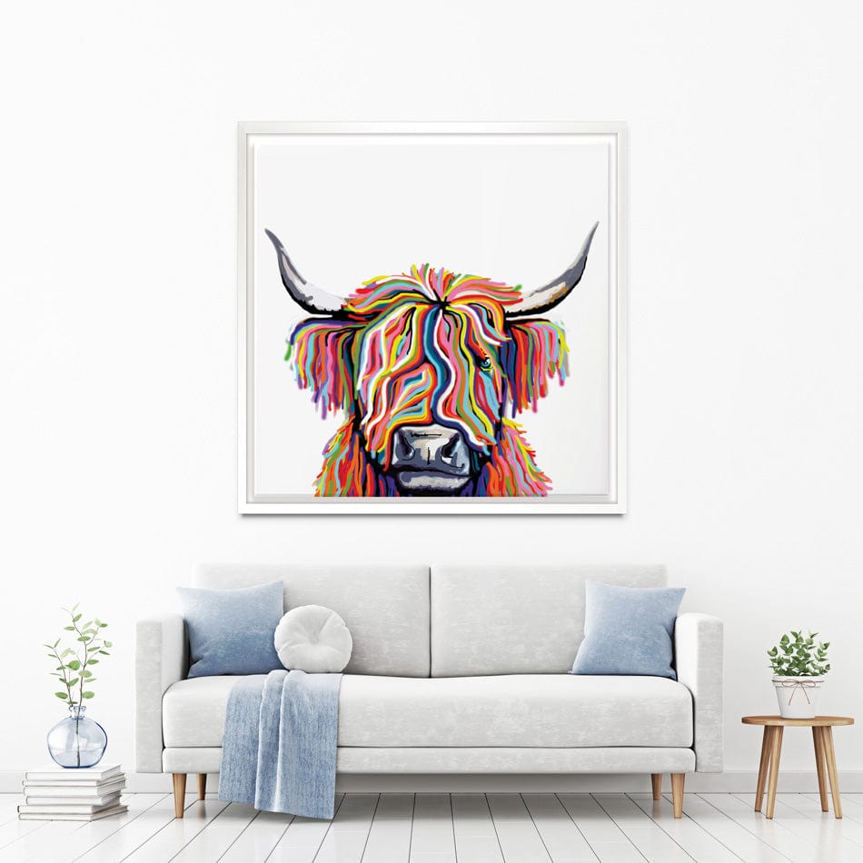 White Highland Cow Square Canvas Print wall art product Independent