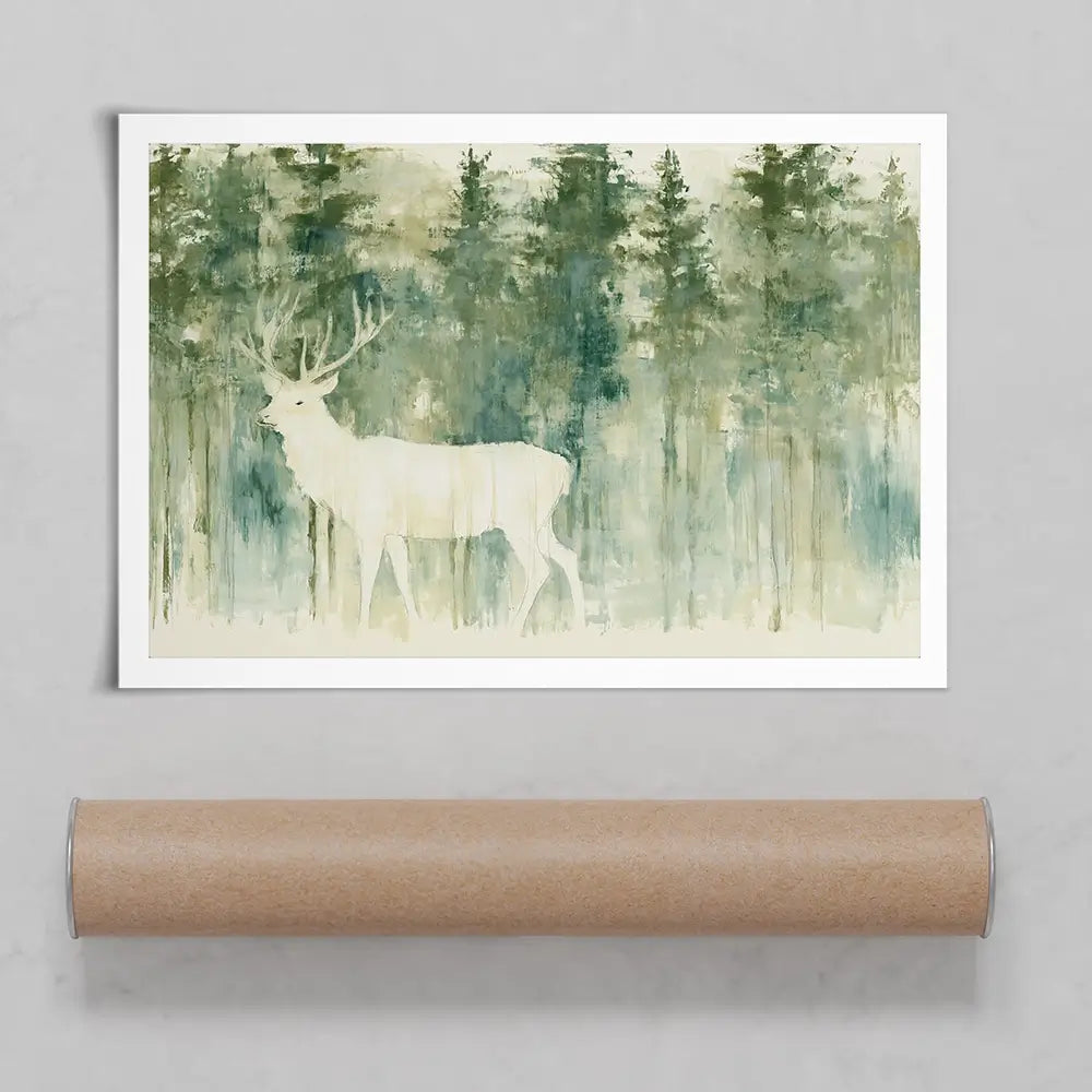 White Stag In Forest Art Print White Stag In Forest Art Print wall art product Chromatic Storm Studio
