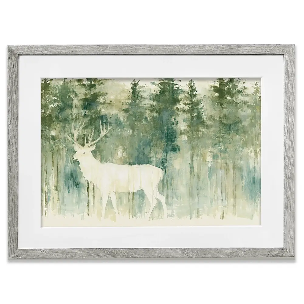 White Stag In Forest Framed Art Print White Stag In Forest Framed Art Print wall art product Chromatic Storm Studio