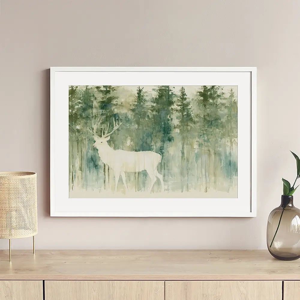 White Stag In Forest Framed Art Print White Stag In Forest Framed Art Print wall art product Chromatic Storm Studio
