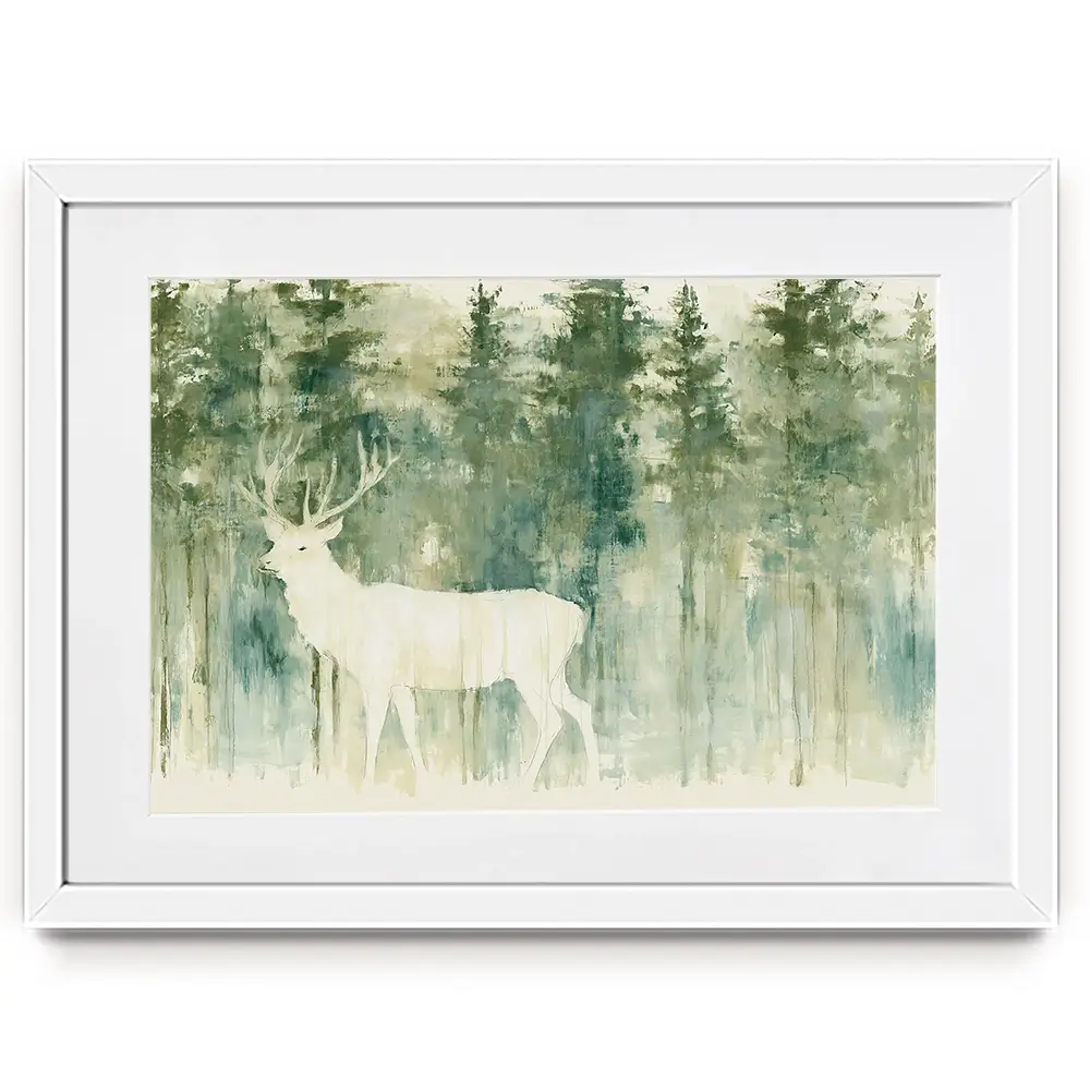 White Stag In Forest Framed Art Print White Stag In Forest Framed Art Print wall art product Chromatic Storm Studio