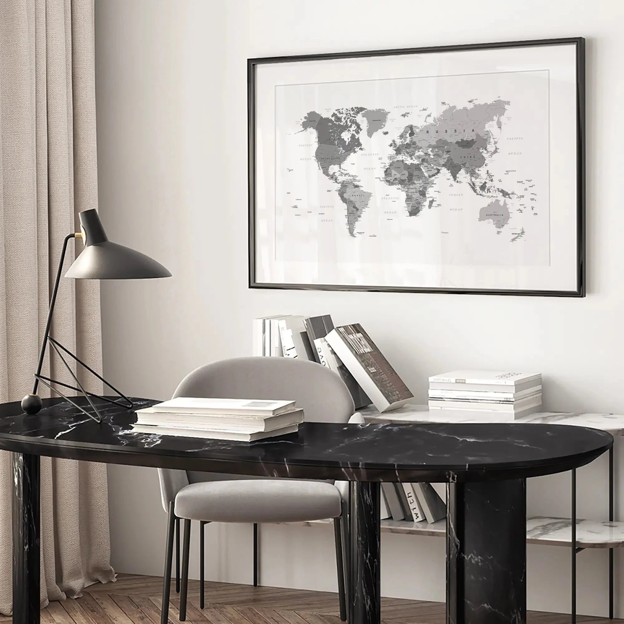 World Map Black & White Framed Art Print World Map Black & White Framed Art Print | World Map Black & White Art wall art product H Goossens