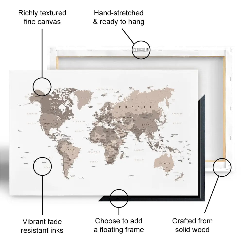 World Map Sepia Oversized Canvas Print World Map Sepia Oversized Canvas Print wall art product Independent