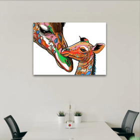 Loving Giraffe And Calf White Canvas Print