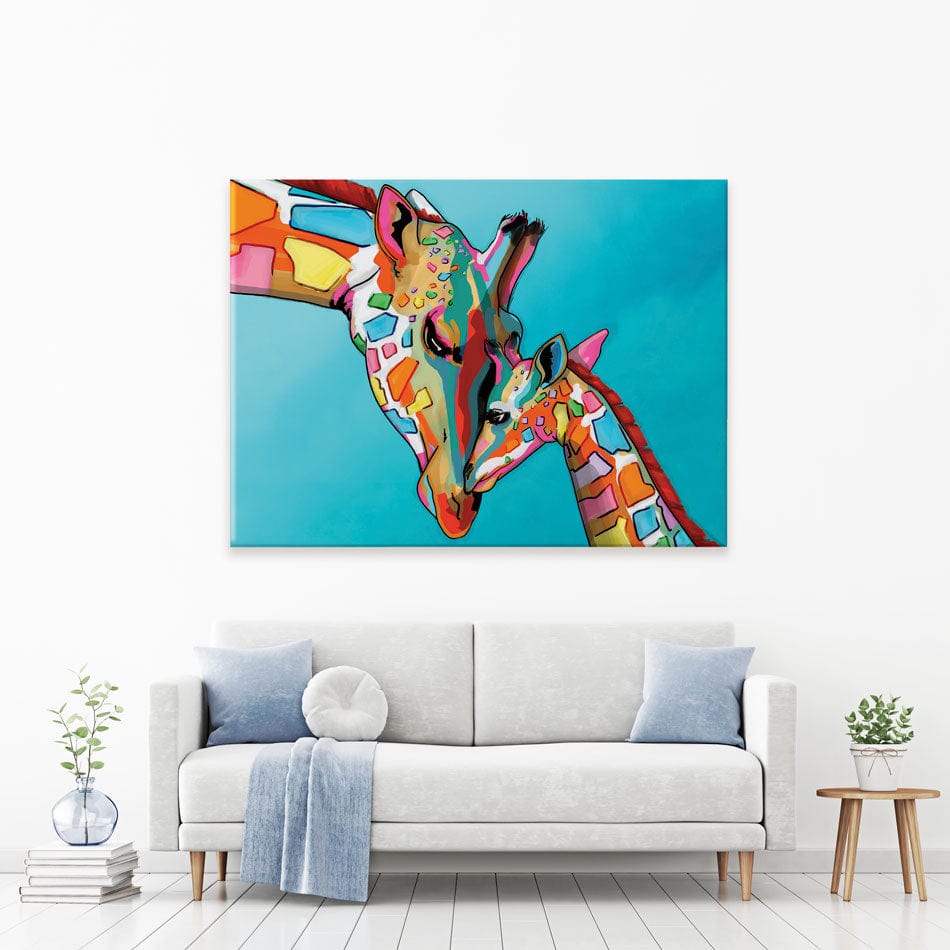 Colourful Giraffe and Calf Canvas Print wall art product Art Print Shop