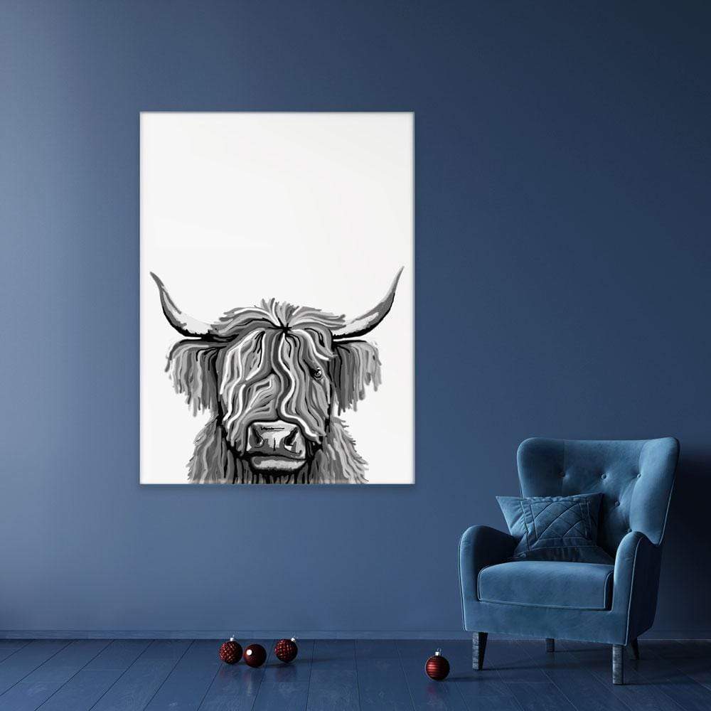Monochrome Highland Cow Portrait Canvas Print wall art product Independent