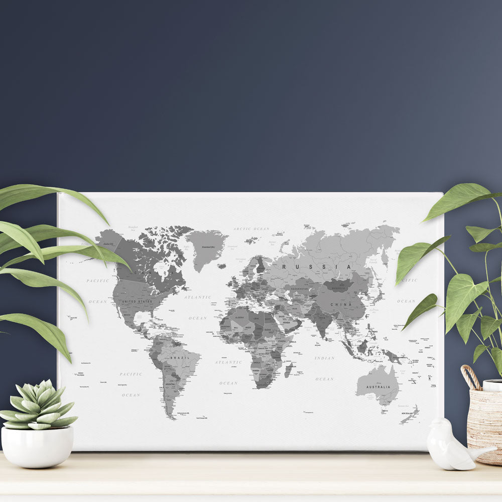 World Map Black And White Canvas Print