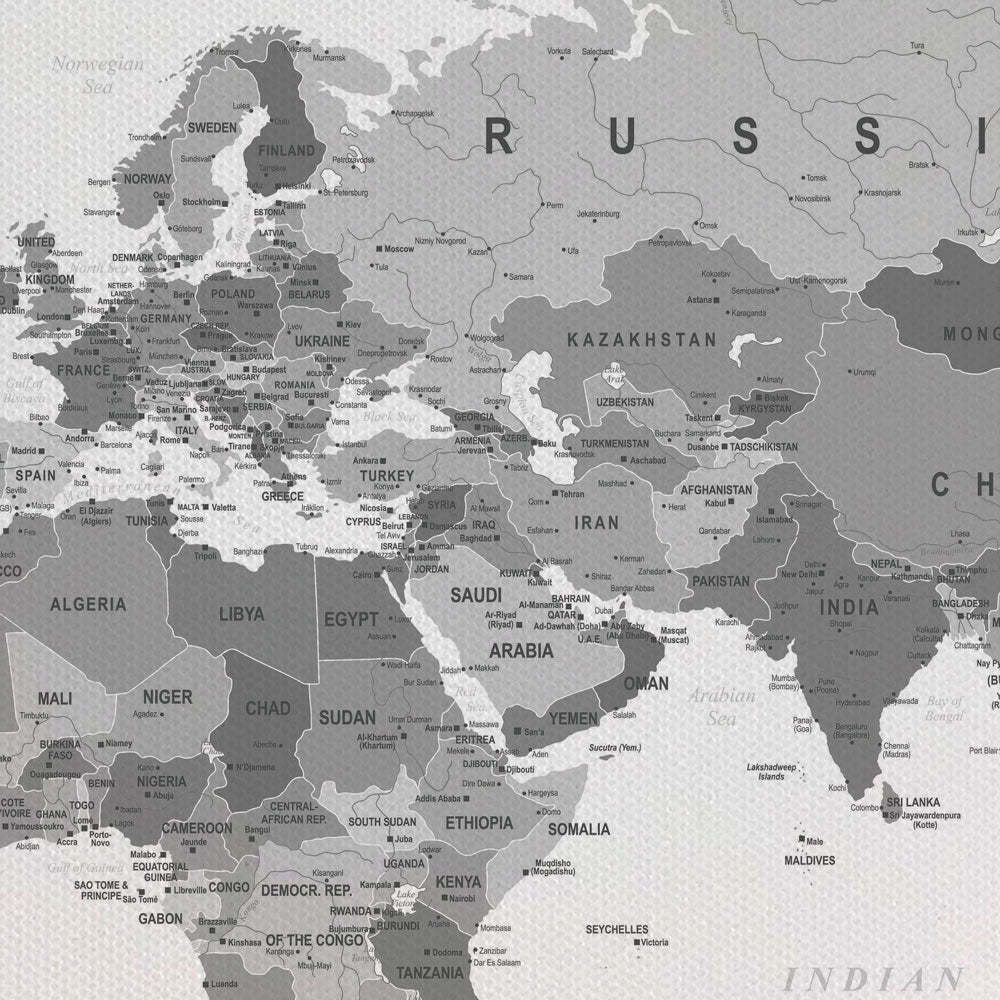 World Map Black And White Canvas Print